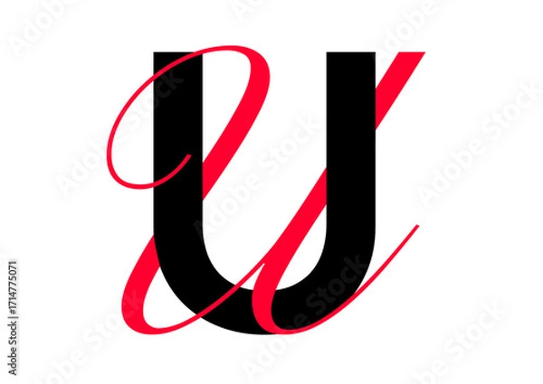 Fototapeta Capital letter with double typographic style, black sans serif font and red script font, letter U