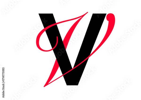Fototapeta Capital letter with double typographic style, black sans serif font and red script font, letter V