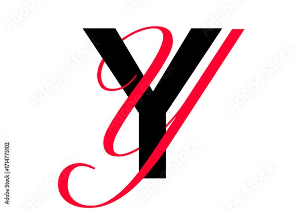 Fototapeta Capital letter with double typographic style, black sans serif font and red script font, letter Y