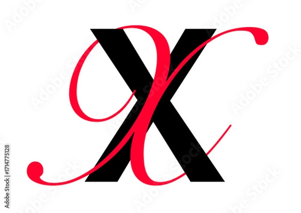 Fototapeta Capital letter with double typographic style, black sans serif font and red script font, letter X