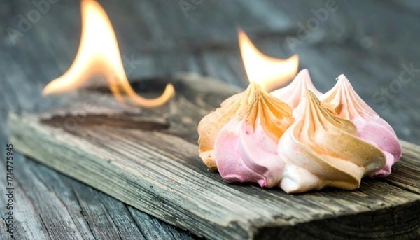 Obraz Flamed marshmallows on rustic wood