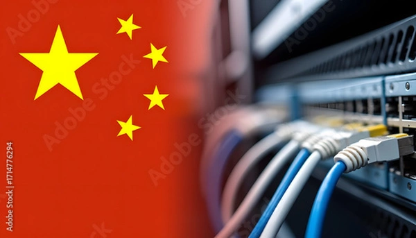 Fototapeta China's Digital Infrastructure: Flag and Network Cables