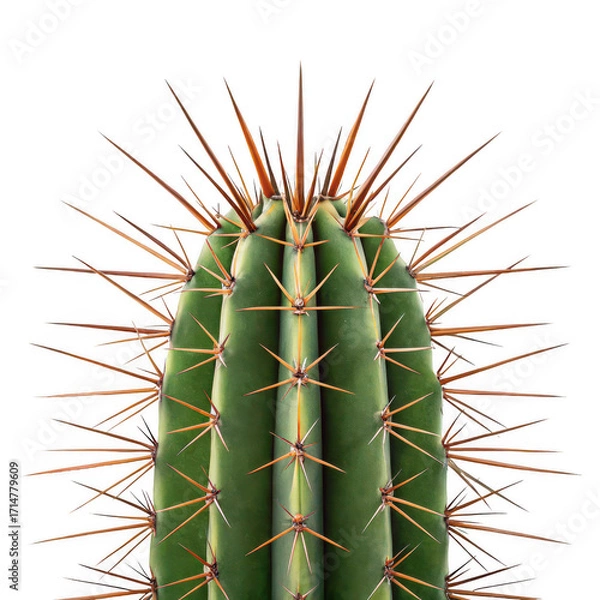 Fototapeta Close up of a green cactus with long sharp spines isolated on transparent background