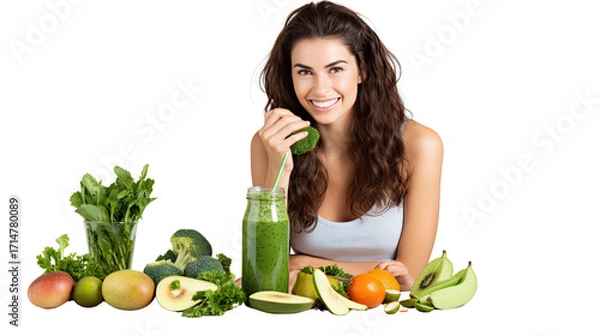 Fototapeta Smiling Woman Promoting Healthy Diet Isolated on White Background for Nutrition and Wellness Concept