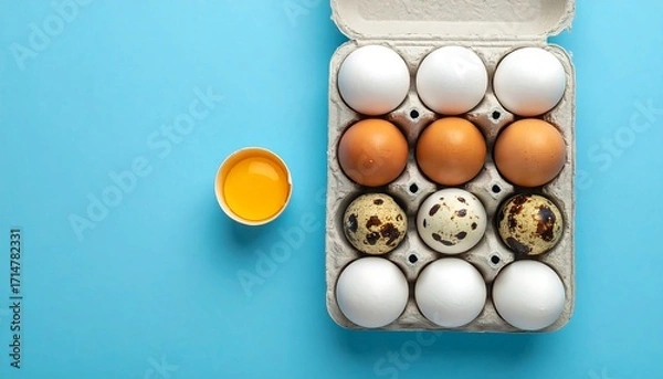 Fototapeta Assorted Eggs in a Carton and Yolks on a Blue Background