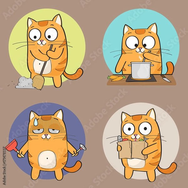 Obraz Cute Cat Character doing different housework. Vector illustration