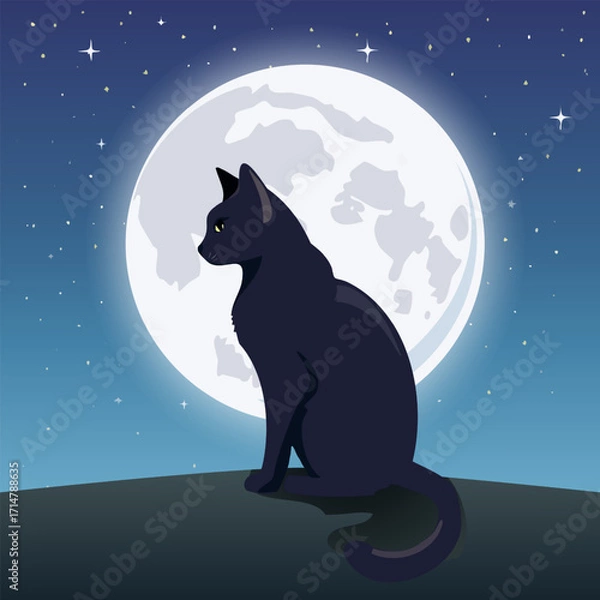 Fototapeta Silhouette of an animal against the moon.Vector illustration of a black cat against a white moon and stars.