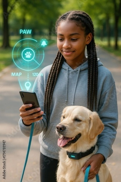 Obraz Exploring the outdoors girl with dog using pet tracking app park digital interaction natural setting engaging perspective