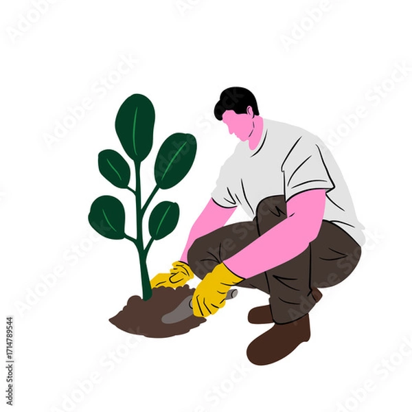 Fototapeta Man Planting a Young Tree with Gloves Flat Vector Illustration