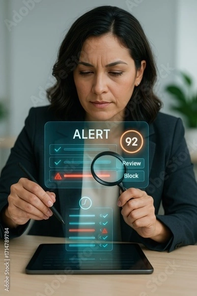 Obraz Cybersecurity alert review process office setting digital interaction corporate environment close-up risk management strategies