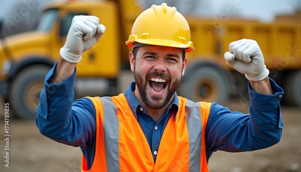 Fototapeta Excited construction worker celebrating success with raised fists and a joyful expression.