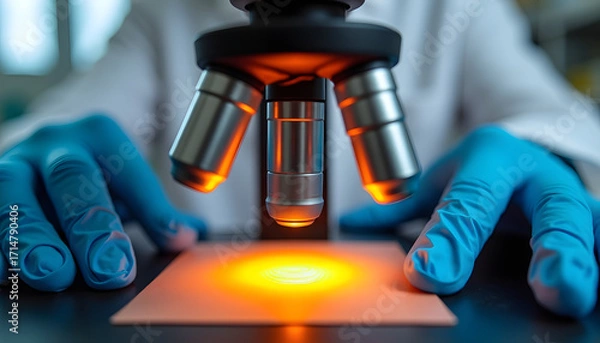 Fototapeta Scientist examining a sample under a microscope in a laboratory setting.