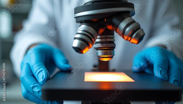 Fototapeta Scientist using a microscope in a laboratory setting.