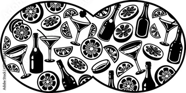Fototapeta Hand-Drawn Cocktail and Citrus Pattern – Summer Drink Seamless Design, Hand drawn sketch style citrus and wine set Vector elegant doodle line illustration of lemons