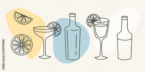Fototapeta Hand-Drawn Cocktail and Citrus Pattern – Summer Drink Seamless Design, Hand drawn sketch style citrus and wine set Vector elegant doodle line illustration of lemons