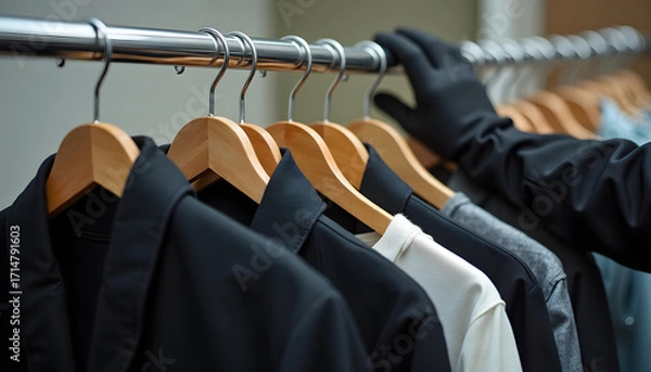Fototapeta Clothes hanging on a rack with a hand in a black glove