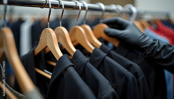 Fototapeta A person in a black glove selects a jacket from a clothing rack.