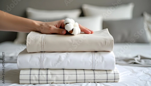 Fototapeta Soft cotton flower rests on a stack of folded bedsheets.