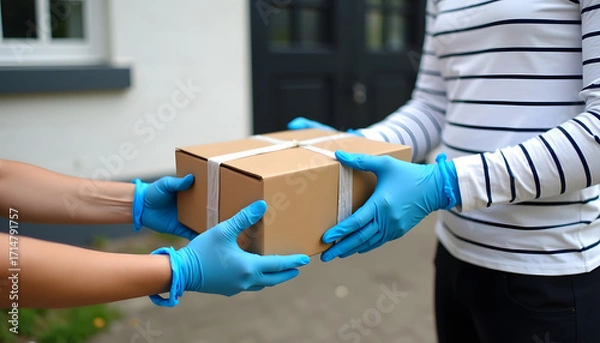 Fototapeta Delivery person handing over a package to a customer during the pandemic.