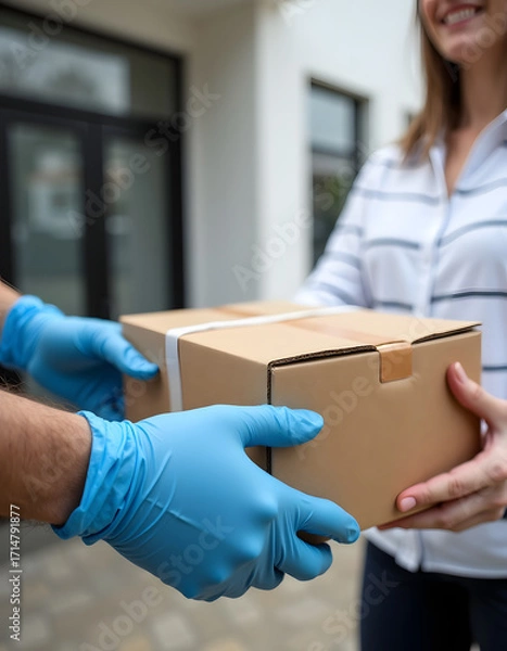 Fototapeta Delivery person hands a package to a smiling customer