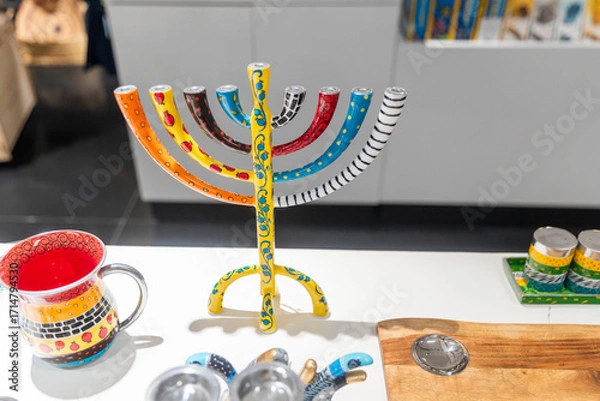 Fototapeta Colorful Hanukkah Menorah on White Table