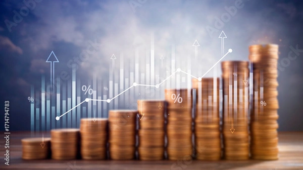 Fototapeta Stock market business and exchange financial growth graph. Business chart data graph diagram, business trading graph investment growth, global trend arrow up and down.