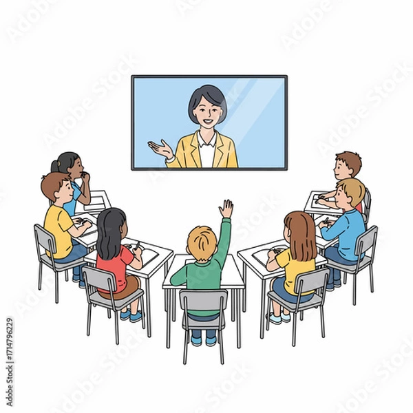 Fototapeta Students in a classroom watching a teacher on a screen.