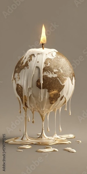 Obraz A globe-shaped candle, adorned with a golden map of the world, melts dramatically, symbolizing the effects of global warming and the fragility of our planet.