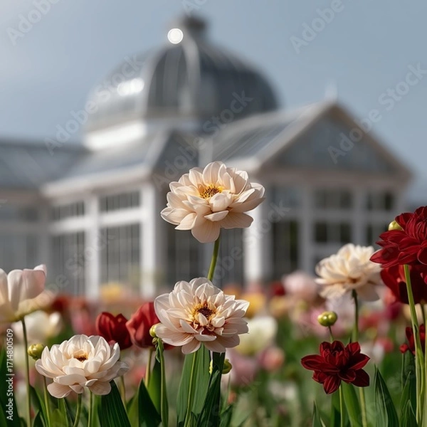 Fototapeta Vibrant flowers bloom in front of greenhouse.