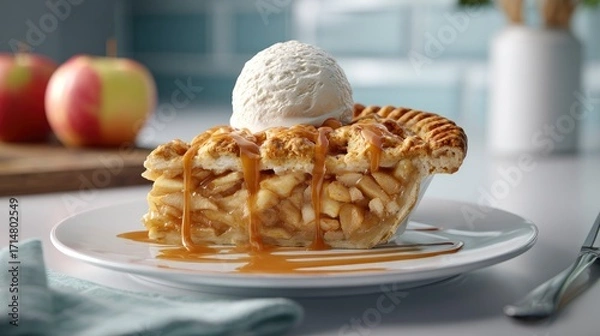Fototapeta Caramel Drizzled Apple Pie Slice with Ice Cream
