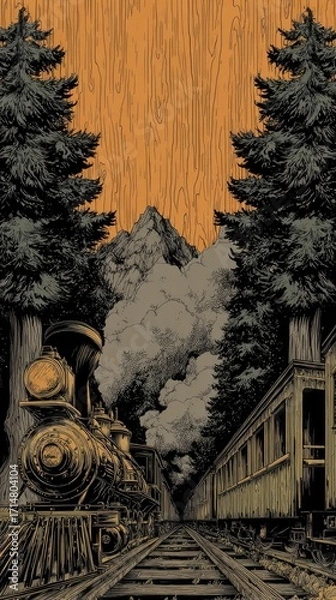 Obraz Vintage steam train meanders through a majestic forest tunnel, its warm hues contrasting with the cool tones of the surrounding nature.