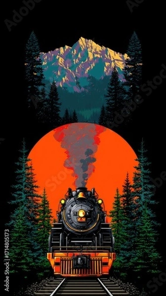 Obraz A powerful steam locomotive pulls through a dense forest landscape beneath a vibrant sunset.