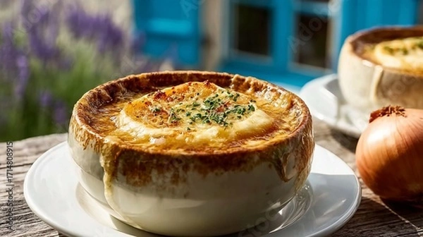 Obraz Golden soup bubbling in rustic stoneware, parsley vivid green, cheese crust blistering 