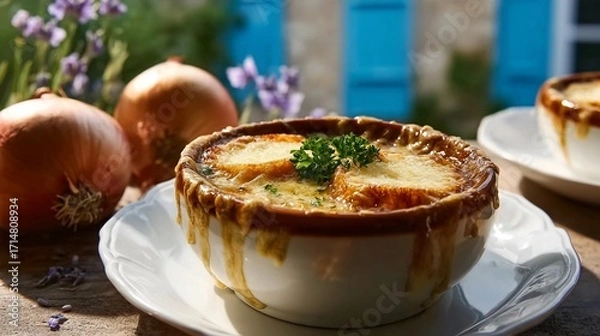 Obraz A dish of French onion soup au gratin with melted cheese garnished with greens, served on a plate with whole onions and lavender in the background.
