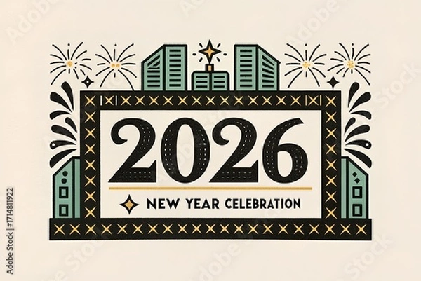 Fototapeta Sparkling celebration 2026 numbers with festive bunting and fireworks display