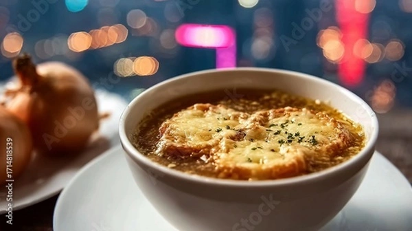 Obraz A savory bowl of French onion soup, topped with melted cheese and fresh herbs, sits on a white plate beside a golden-brown onion, with a cityscape view at night.