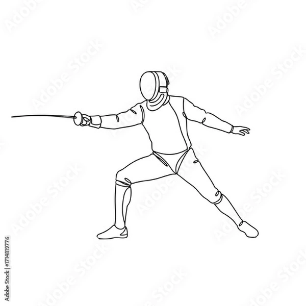 Obraz Fencer in action performing a lunge with foil sword on white background  