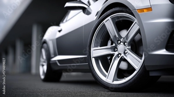 Fototapeta Silver Sports Car Close-up Wheel