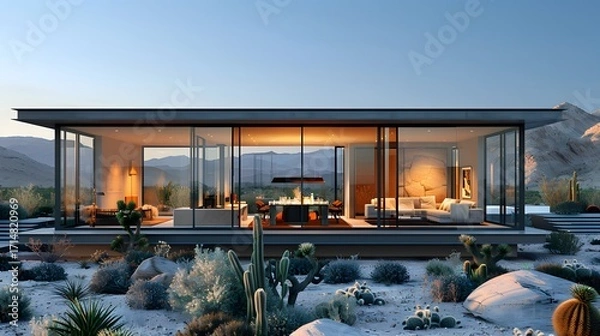 Fototapeta Elegant smart house design with desert landscape high resolution picture