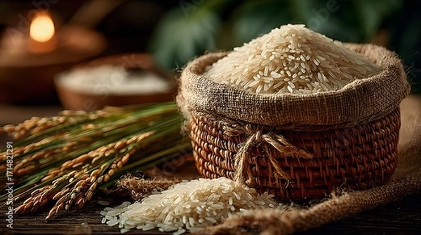 Fototapeta Fresh rice with stalks near rustic basket high resolution picture