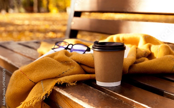 Fototapeta Takeaway cup of hot tasty coffee, warm blanket, eyeglasses and book on the bench in autumn park. Autumn cozy mood. Selective focus.