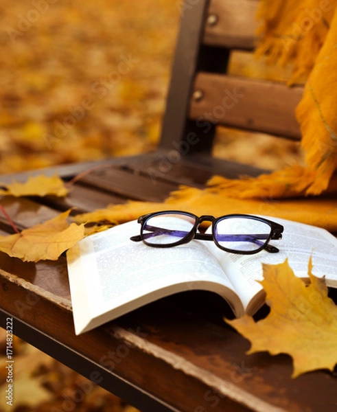 Fototapeta Open book with reading glasses on a wooden bench surrounded by autumn leaves. Cozy fall atmosphere. Selective focus.