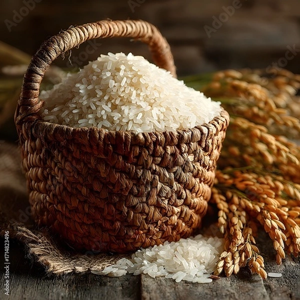 Fototapeta Rustic basket filled with white rice high resolution picture