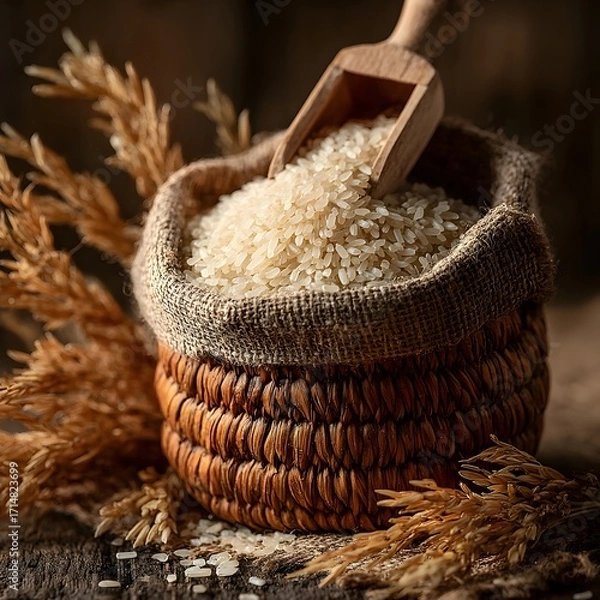 Fototapeta Uncooked white rice arranged in basket high resolution picture