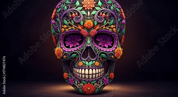 Fototapeta Vibrantly Ornate Calavera Skull with Intricate Floral Patterns and Luminous Purple Eyes.