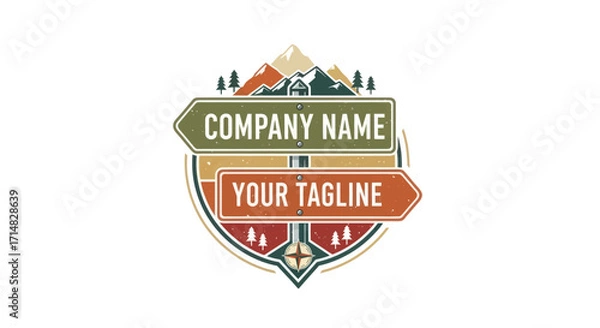 Fototapeta Vintage-style logo design featuring a directional signpost with mountains and trees, a compass, and a circular frame.  Perfect for outdoor adventure or travel-themed businesses.