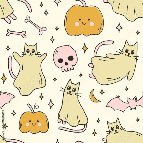 Fototapeta Hand drawn Halloween vector seamless pattern with cute ghost cats, pumpkins, bats, skulls and candies. Whimsical endless background for Halloween design, textile, wallpaper. Flat cartoon illustration