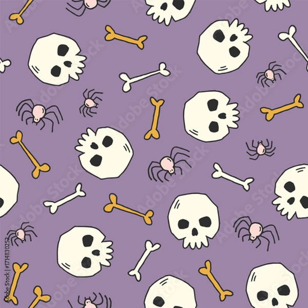 Fototapeta Hand drawn Halloween vector seamless pattern with spooky skulls, bones and spiders. Scary endless background for holiday design, textile, wallpaper. Whimsy cartoon illustration. Halloween pattern