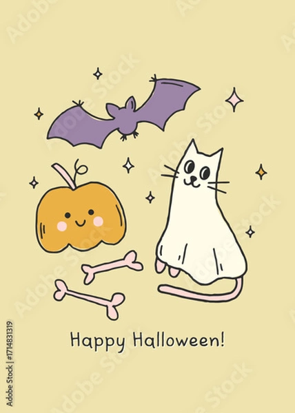 Fototapeta Cute and playful Halloween hand drawn poster or card with cute smiling pumpkin, ghost cat and bat. Happy Halloween. Trendy whimsical illustration for holiday design and prints. Flat vector banner