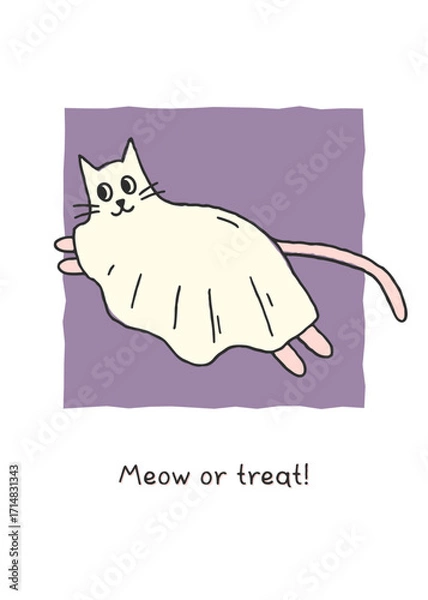 Fototapeta Cute and playful Halloween hand drawn poster or card with cute smiling ghost cat. Meow or treat. Trendy whimsical illustration for holiday design and prints. Flat vector banner. Halloween concept